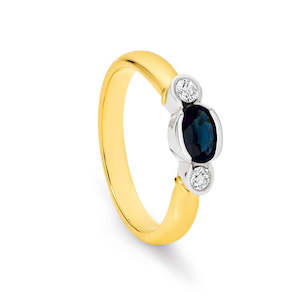 Jewellery: 9K Yellow Gold Oval Sapphire & 2 Diamond Semi Bezel Set Dress Ring TDW 0.12ct GH SI2-I1