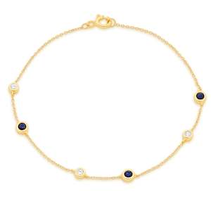 9ct Y/g Saph/dia Station Bracelet  18.5cm