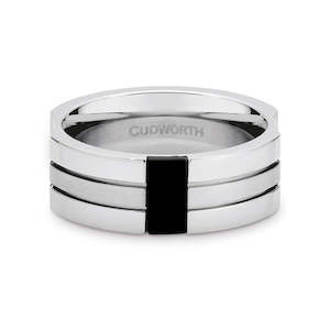 Jewellery: CUDWORTH STAINLESS STEEL ONYX RING, SIZE V