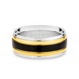 Jewellery: CUDWORTH STAINLESS STEEL BLACK & GOLD RING, SIZE S