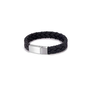 Jewellery: Cudworth Stainless Steel/ Italian Black Leather Bracelet