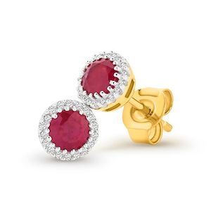 9K Y/W GOLD RUBY & DIAMOND STUD EARRINGS