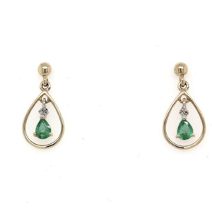 Jewellery: 9K Yellow Gold Pear shape Emerald & Diamond Earrings with Fine Gold Halo