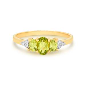 9K YG 3 OVAL PERIDOT DIAMOND TRILOGY RING