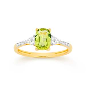 9k Yg Diamond Long Cushion Peridot Ring