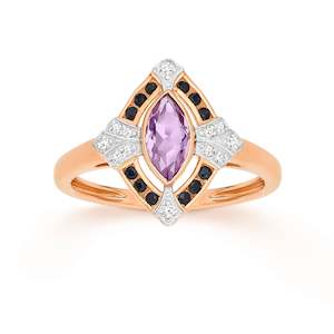 9K RG DIAMOND PINK AMETHYST & BLACK SAPPHIRE RING