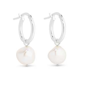 Jewellery: STG 10MM HOOP WITH 11-12MM WHITE KESHI FWP DROP EARRINGS