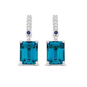 9CT W/G LONDON BLUE TOPAZ , DIAMOND AND SAPH DROP EARRINGS