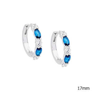 STG SILVER LONDON BULUE OVAL / WHITE ROUND CZ 17MM HOOP EARRINGS