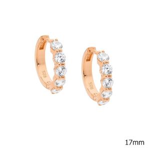 Jewellery: STG SILVER 17MM HOOP EARRINGS, 5*3.5MM WH CZ W/ ROSE GOLD PLATING