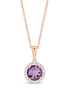 9ct R/g Round Pink Amethyst + Diamond Pendant (chain Priced Seaparately)