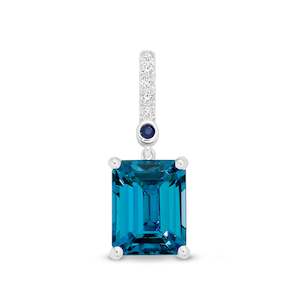 9K W/G EMERALD CUT LONDON BLUE TOPAZ, SAPH AND DIA PEND