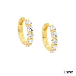 Stg Silver White Cz Hugggie Earrings With Yellow Gold Plated