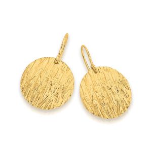 Jewellery: 9K YELLOW GOLD & SILVER BONDED PATTERNED ROUND PLATE DROP EARRINGS