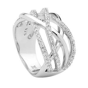 Ellani Stg Silver Wide Band Cross Over Ring W/ Wh Cz