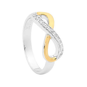 Jewellery: ELLANI STG SILVER  HALF SIDE WH CZ INFINITY RING W/ GOLD PLATING