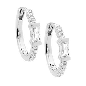 SS WH CZ 16MM HOOP EARRINGS W/ WHITE BAGUETTE CZ