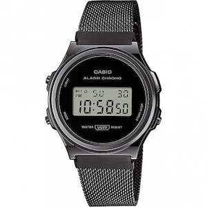 CASIO MENS WATCH DIGITAL VINTAGE SERIES S/WATCH, ALARM, WR BLK LCD, SILV MESH BAND