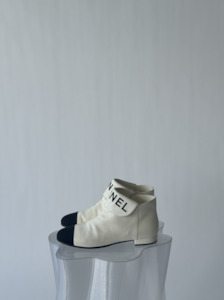 CHANEL Lambskin Grosgrain Fold Over Logo Cap Toe Boots 38