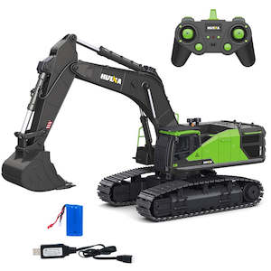 Excavators Trucks And Diggers: Huina 1:14 2.4G RC Excavator Green/Grey linear servos, 360 degree slew, Li-Ion 7.4V 1200mAh battery USB charge (1593)