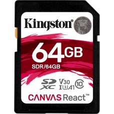 Kingston 64GB SDXC Canvas React 100R/70W CL10 UHS-I U3 V30 A1, up to 100MB/s rea…