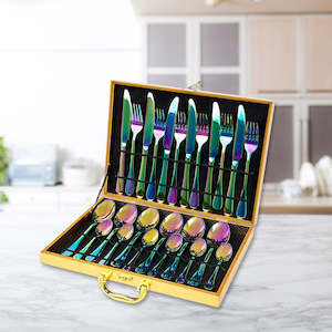 Colour_Rainbow: 24pcs Stainless Steel Cutlery Set Rainbow Fork Knife Spoon Family Tea Cafe Dinner