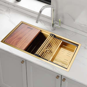 Kitchen Sinks: 32" Workstation Kitchen Single Bowl Sink in Nano Gold with sand-finish