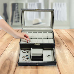 12 Grids Watch Display Case Leather jewellery Storage Box Organiser Lock Key