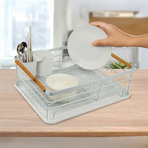 Metal Dish Drying Rack Drainboard Holder Tray Kitchen Plates Cutlery Wood Handle