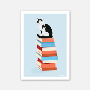 Cat Art Print - Book Stack Cat