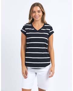 Foxwood Manly Stripe Vee Tee - Navy with White Stripe