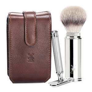 Mühle Travel Shave Set with Safety Razor & Silvertip Fibre Brush (brown leather)