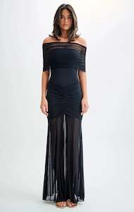 Full Length: Caspian Slinky And Mesh Off Shoulder Maxi Dress (Black)