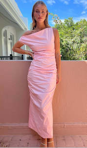 One Shoulder Ruched Midi (Candy Pink)