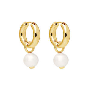 Freshwater White Round Pearl Charm On Yellow Gold Plated Silver Huggie Earrings