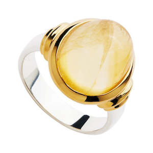 Jewellery: Cabochon Oval Citrine In Yellow Gold Plated Bezel Sterling Silver Band Size Large