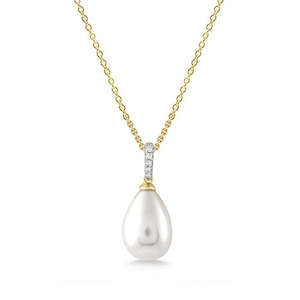 9ct Yellow Gold Diamond And White Pearl Drop Pendant