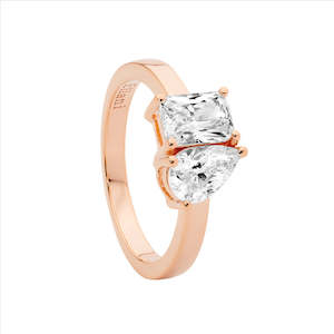 Sterling Silver Rose Gold Plate Emerald & Pear Cut Cz Ring