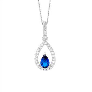 Sterling Silver Dk Blue Pear Cz Cntr Drop Pendant