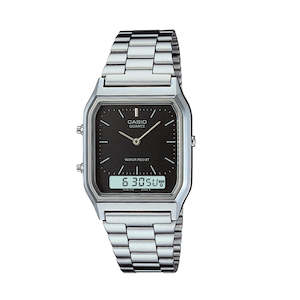 Jewellery: Casio Mens Dress Duo Silver Tone,Alarm,Wr Blk Face, Metal Band