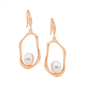 Jewellery: Ss Open Oval Earrings W/ Freshwater Pearl On Shp/Hook, Rose Gold Plating