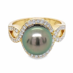 18ct Yellow Gold South Sea Black Pearl & Diamond Ring