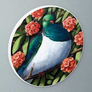 "Kereru Fat Bird Study II" circular art disc by Frank Gordon