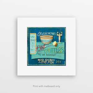 Jason Kelly Art Prints: “Whitebait Fritters” pre-matted print by Jason Kelly