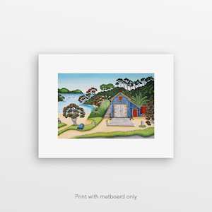 "Boat Shed Little Oneroa" pre-matted art print by Susan Edge