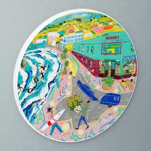 "Pizzas at the Beach" circular art disc by Pia Davie