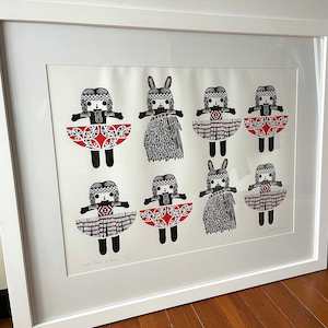 "Red Dress Up Rua" framed limited edition print by Penny Stotter