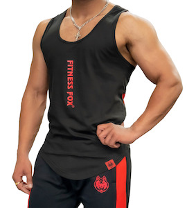 Mens Stringers: Fitnessfox Black-Red Gym Cotton Training Singlet