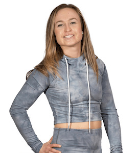 Crops: FitnessFox Grey Tie Dye Crop Hoodie with Thumb hole