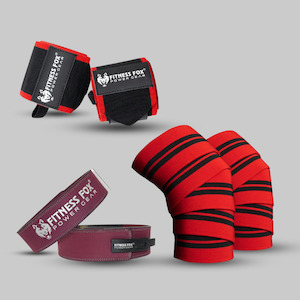 10mm burgundy Lever Belt + Red Black Heavy Wrist Wrap + Red Black Knee Wrap Bundles